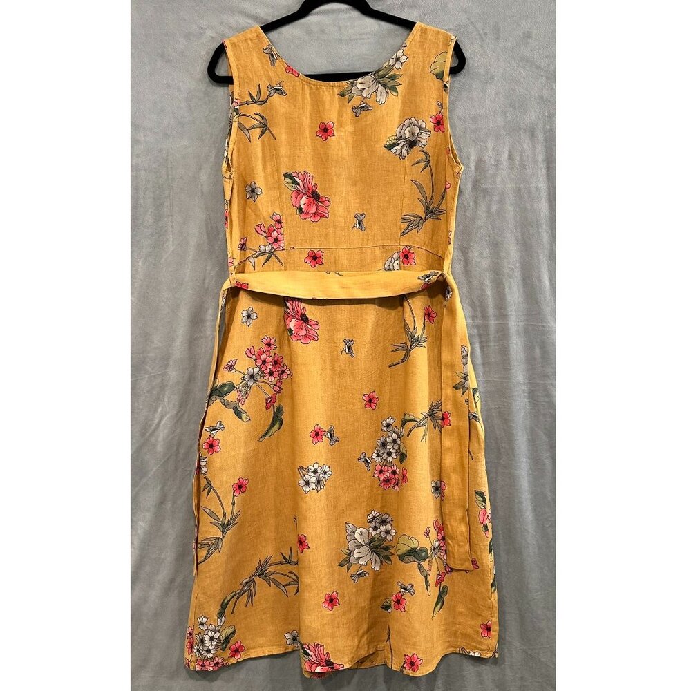 ROSEMARINE Made In Italy 100% Linen Midi Dress Mustard Yellow Floral Button Lrg - Picture 5 of 10